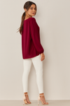 Oversized Long Sleeves Pleated Top with Tulle Details in Burgundy with Necklace