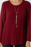 Oversized Long Sleeves Pleated Top with Tulle Details in Burgundy with Necklace