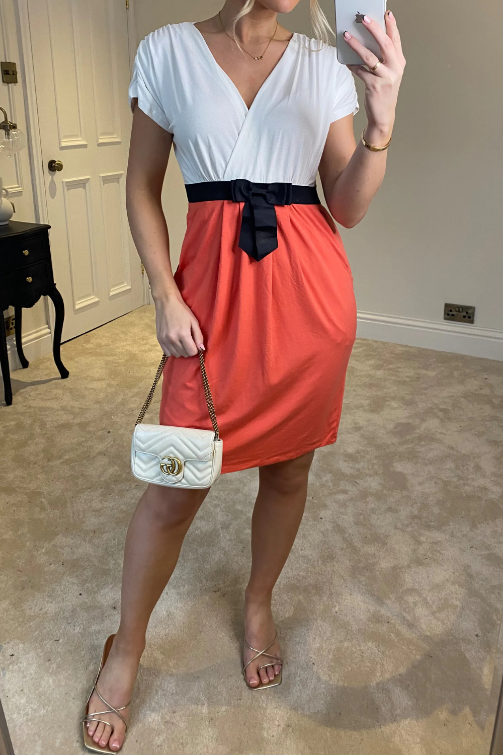 Relaxed Fit Wrap Front Cap Sleeves Mini Dress with Bow Detail in White and Pink