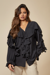 Relaxed Fit Ruffle Detailed V Neck Top with Long Sleeves in Black