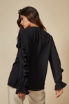 Relaxed Fit Ruffle Detailed V Neck Top with Long Sleeves in Black