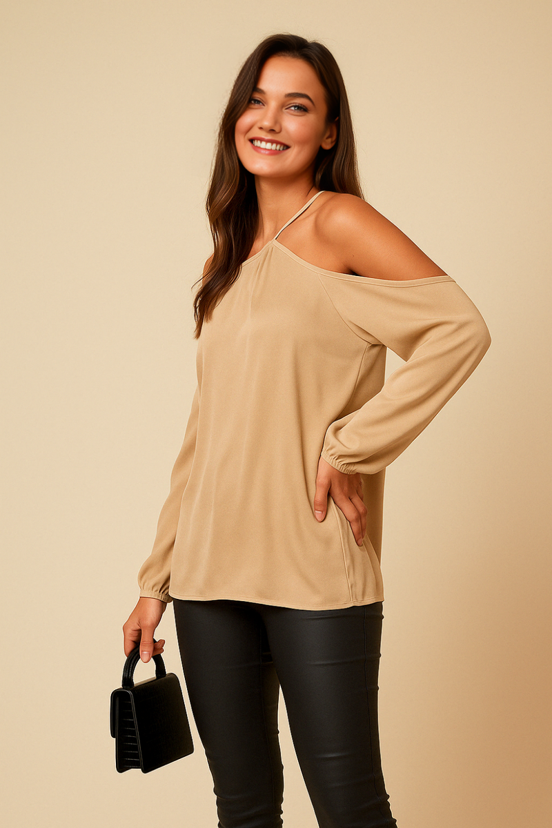 Oversized Tie Neck Off Shoulder Top in Beige