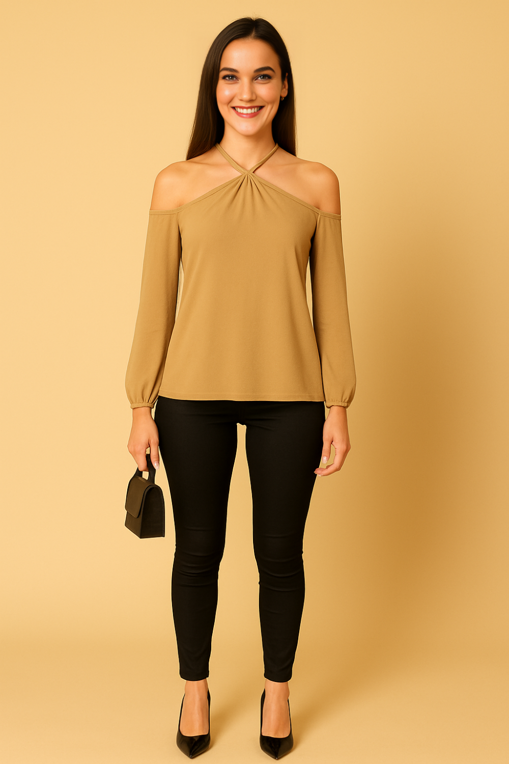 Oversized Tie Neck Off Shoulder Top in Beige