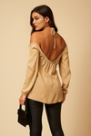 Oversized Tie Neck Off Shoulder Top in Beige