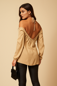 Oversized Tie Neck Off Shoulder Top in Beige