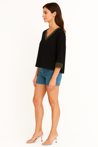 Oversized Top With Khaki Tape Collared Details In Black