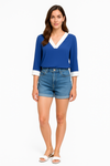 Oversized Top With White Tape Collared Details In Blue