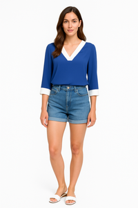 Oversized Top With White Tape Collared Details In Blue