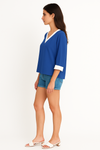 Oversized Top With White Tape Collared Details In Blue