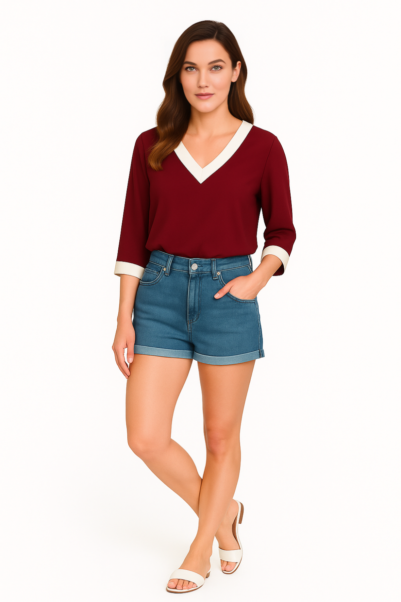 Oversized Top With White Tape Collared Details In Burgundy
