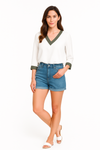 Oversized Top With Khaki Tape Collared Details In White
