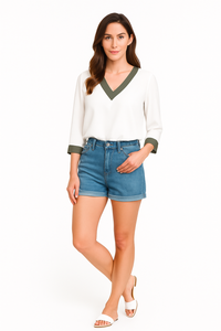 Oversized Top With Khaki Tape Collared Details In White