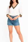 Oversized Top With Khaki Tape Collared Details In White