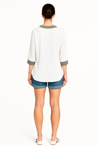 Oversized Top With Khaki Tape Collared Details In White