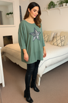 Oversized Long Sleeve Star Sequin Crew Neck Top in Green