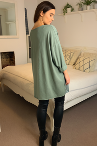 Oversized Long Sleeve Star Sequin Crew Neck Top in Green
