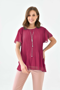 Oversized Round Neck Short Sleeve Pleated Blouse in Burgundy with Necklace