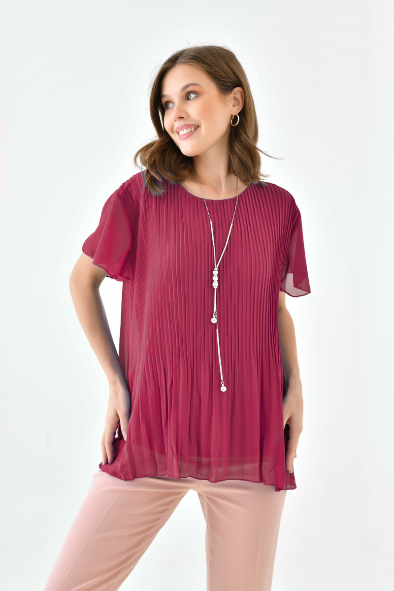 Oversized Round Neck Short Sleeve Pleated Blouse in Burgundy with Necklace