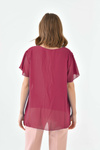 Oversized Round Neck Short Sleeve Pleated Blouse in Burgundy with Necklace