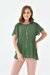 Oversized Round Neck Short Sleeve Pleated Blouse in Khaki with Necklace