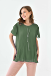 Oversized Round Neck Short Sleeve Pleated Blouse in Khaki with Necklace