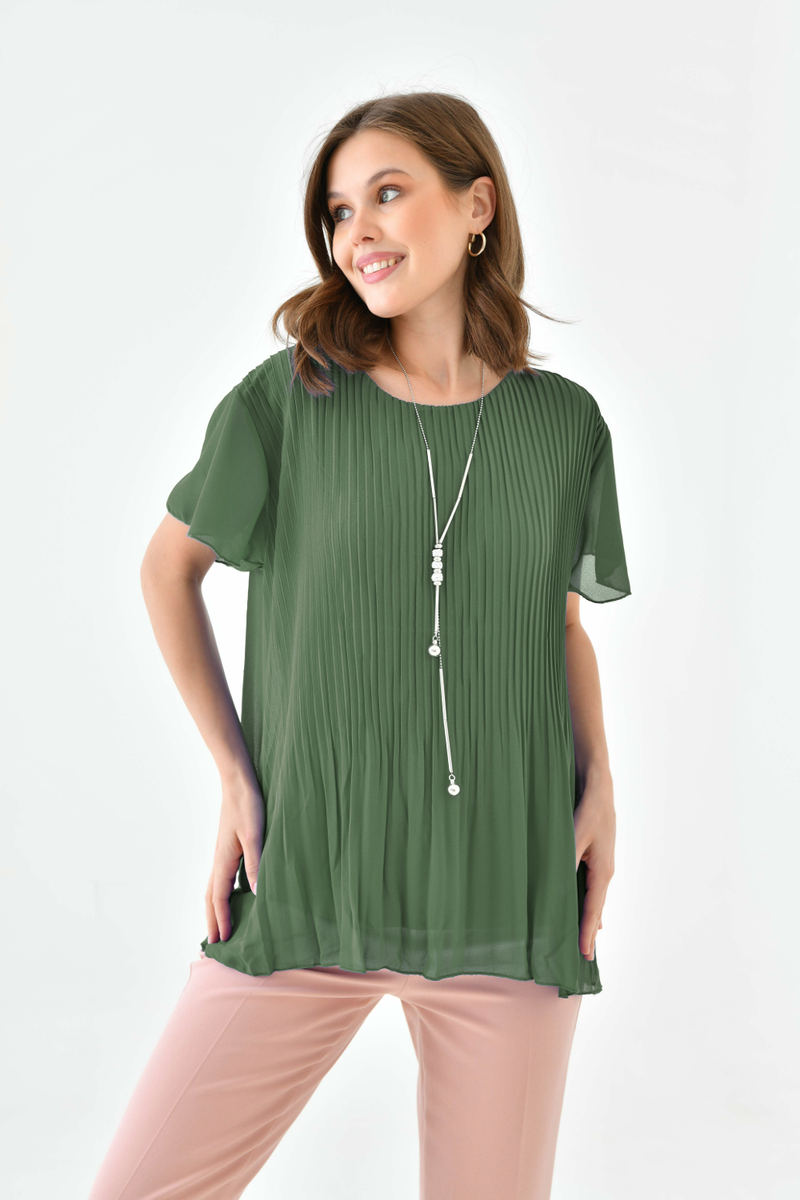 Oversized Round Neck Short Sleeve Pleated Blouse in Khaki with Necklace
