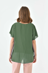 Oversized Round Neck Short Sleeve Pleated Blouse in Khaki with Necklace