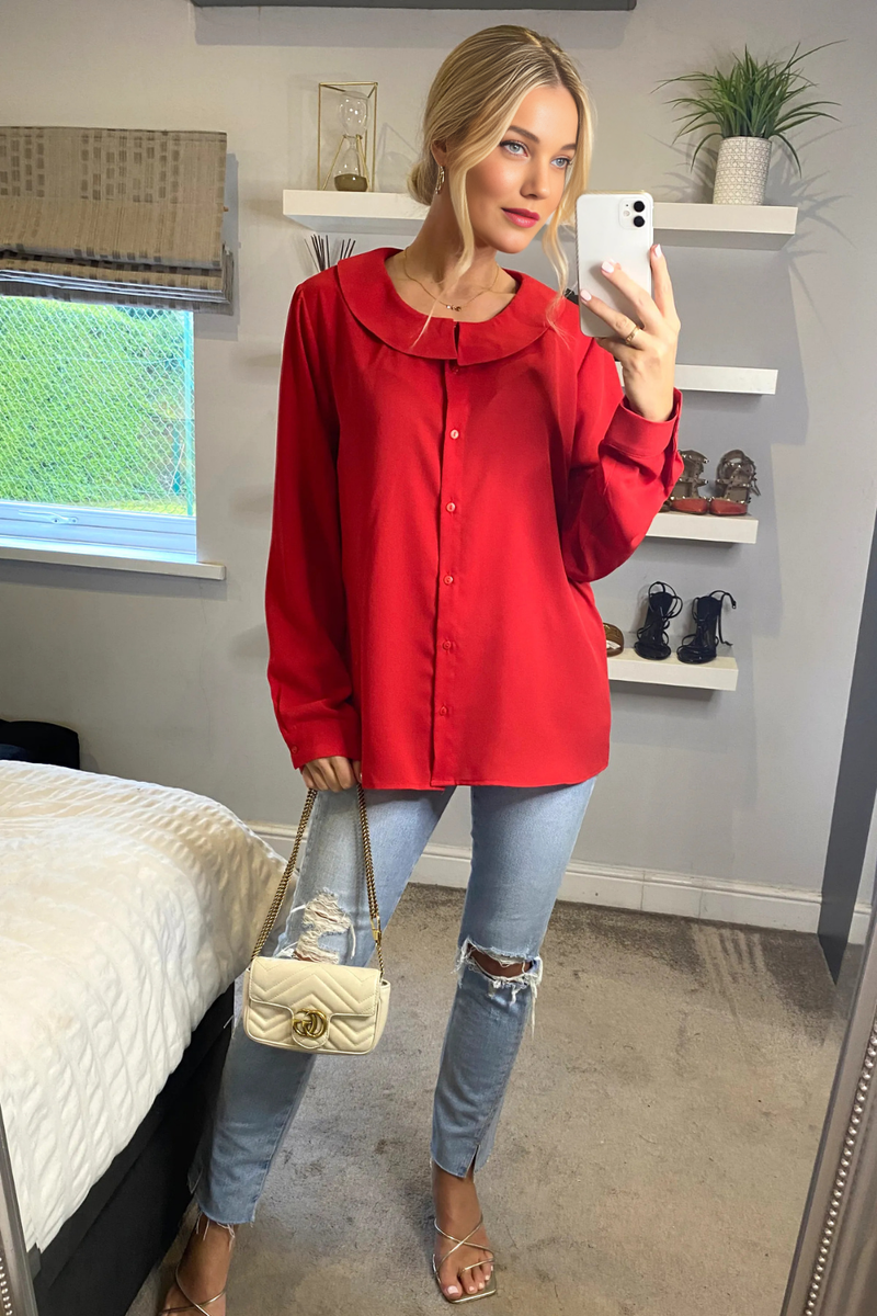 Oversized Long Sleeves Collar Detailed Shirt in Red