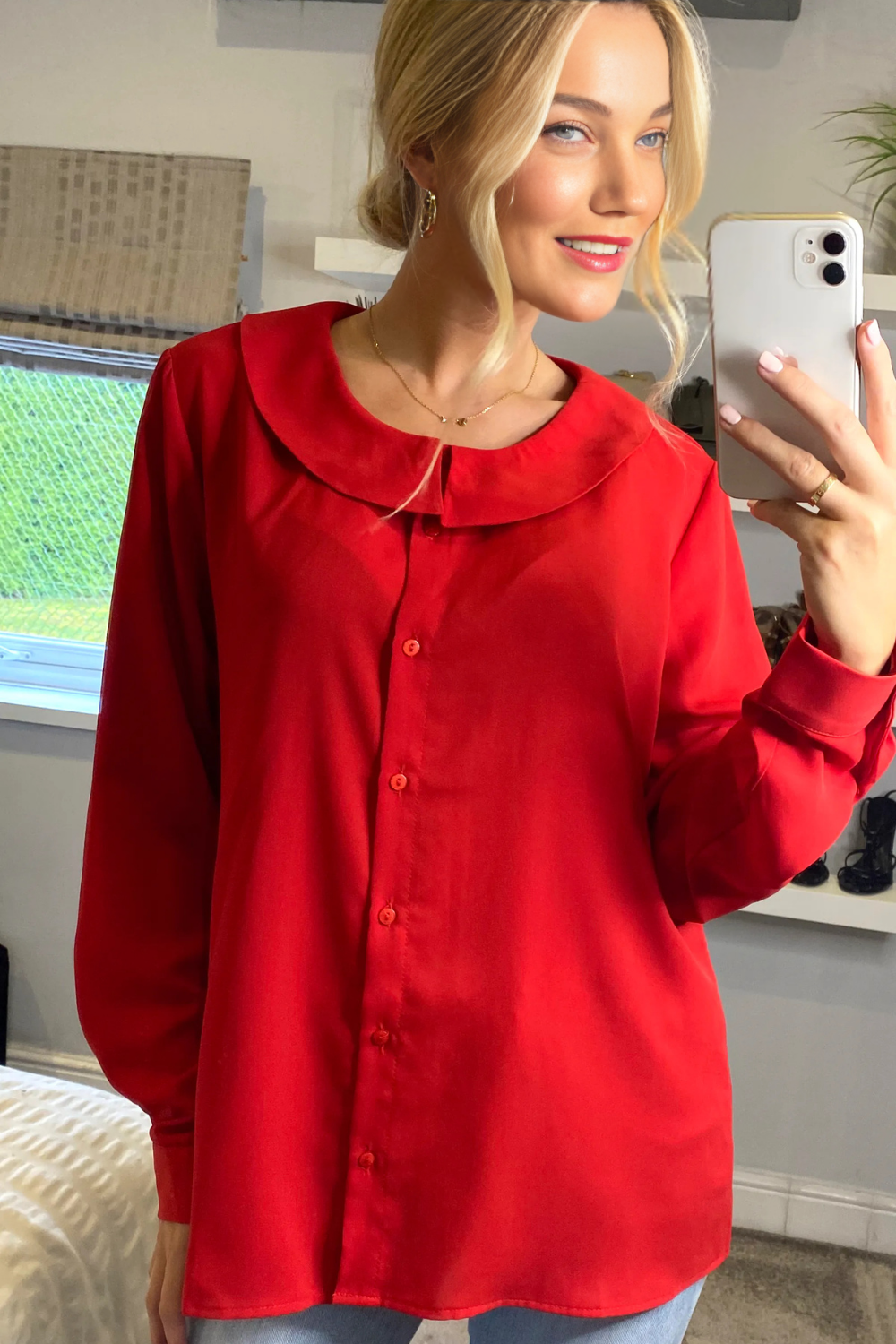 Oversized Long Sleeves Collar Detailed Shirt in Red