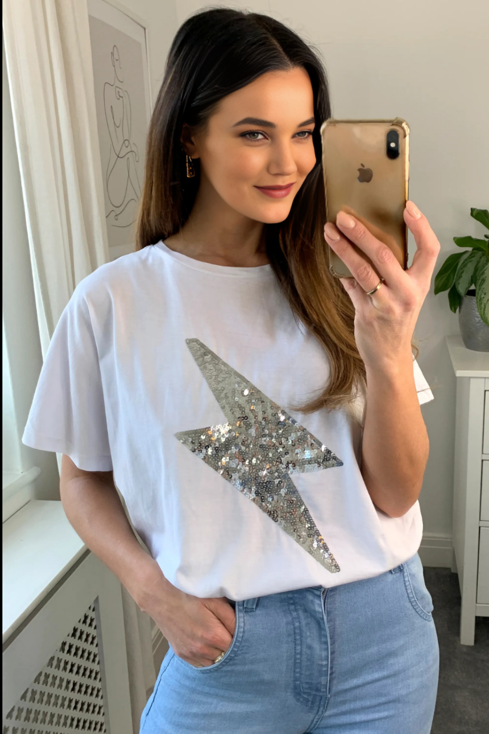 Oversized Sequin Relaxed T Shirt In White