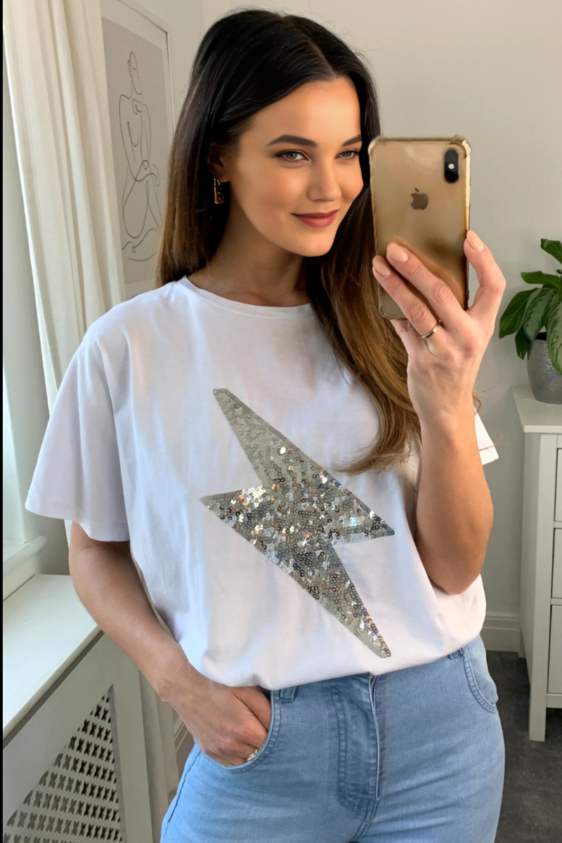 Oversized Sequin Relaxed T Shirt In White