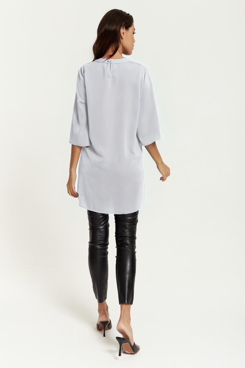 Oversized Detailed Neckline Tunic with 3/4 Sleeves in White