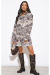 Oversized Tunic Shirt Dress with Long Sleeves in Animal Print
