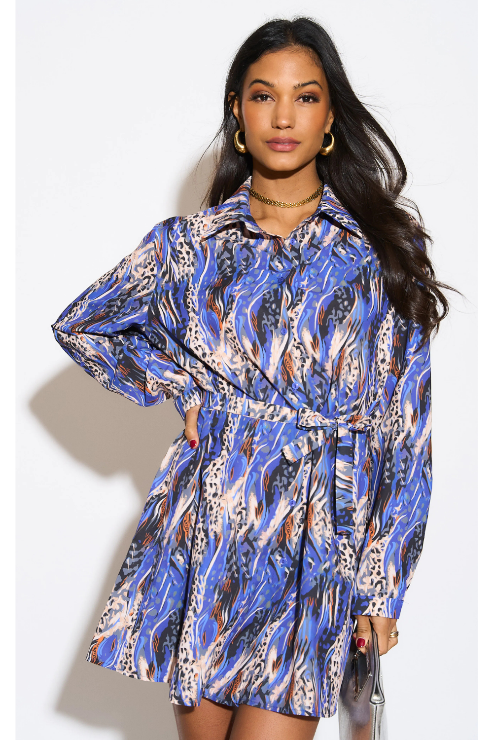 Oversized Tie Detailed Tunic Shirt Dress with Long Sleeves in Multi Colour