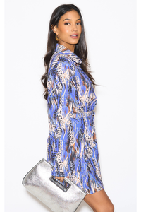 Oversized Tie Detailed Tunic Shirt Dress with Long Sleeves in Multi Colour