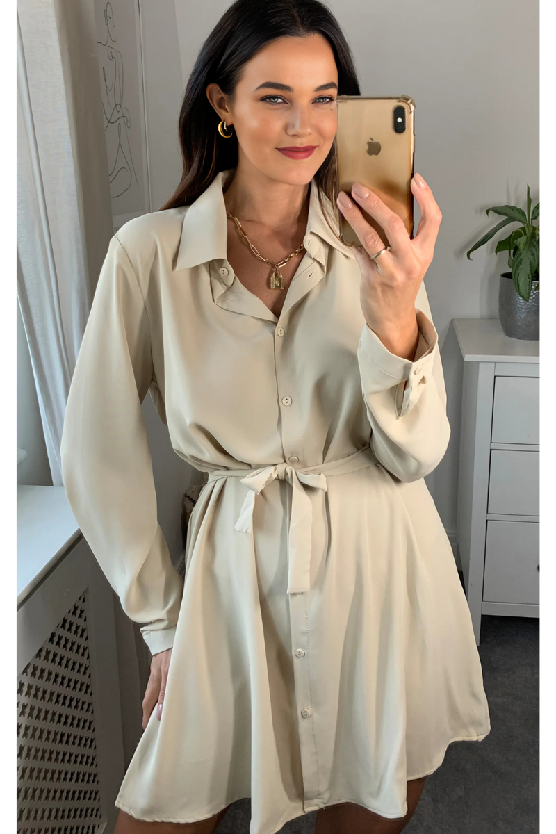 Oversized Belt Detailed Shirt Tunic with Long Sleeves in Beige