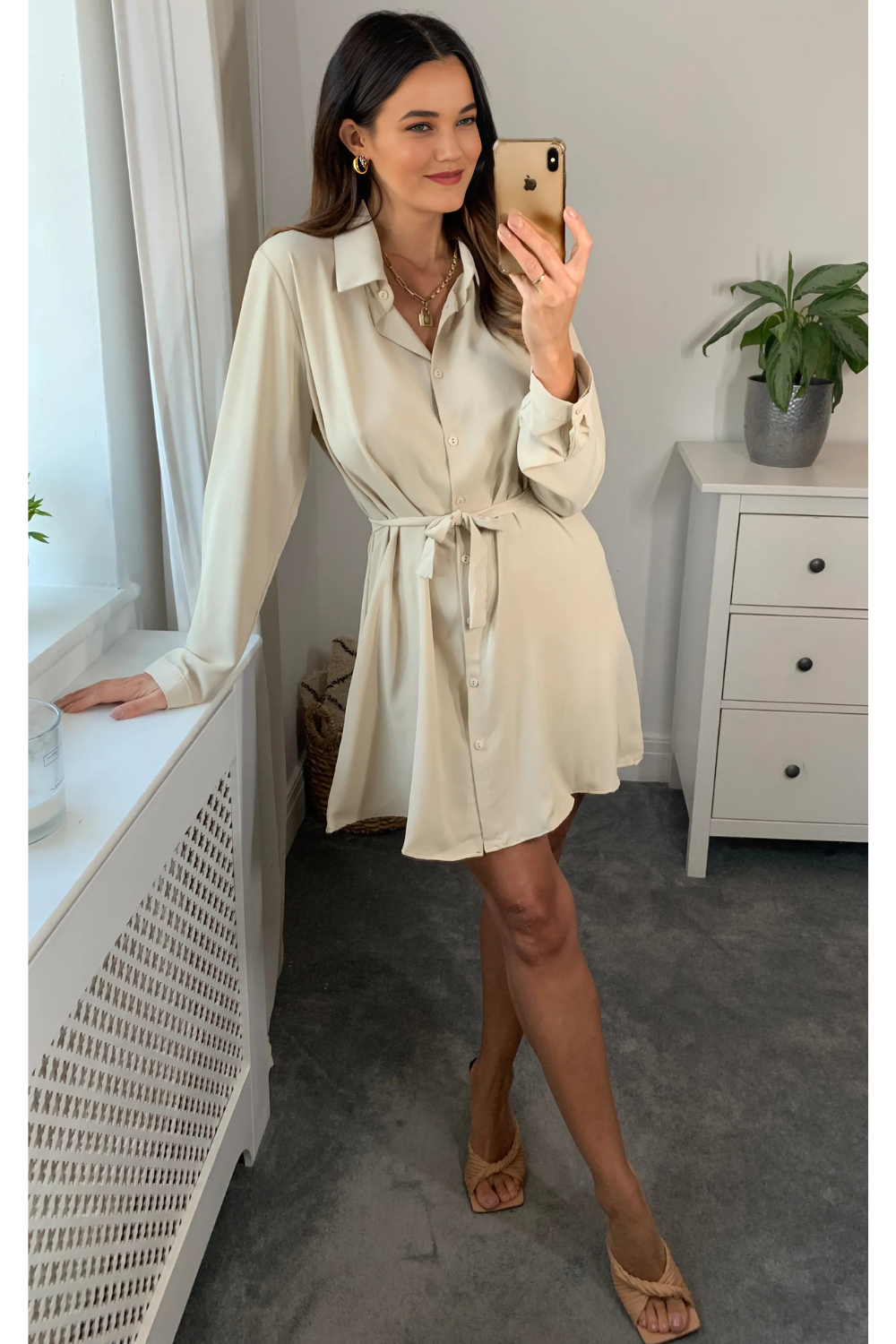 Oversized Belt Detailed Shirt Tunic with Long Sleeves in Beige