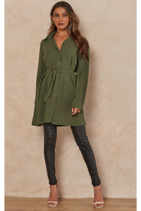 Oversized Tie Detailed Shirt Tunic with Long Sleeves in Khaki