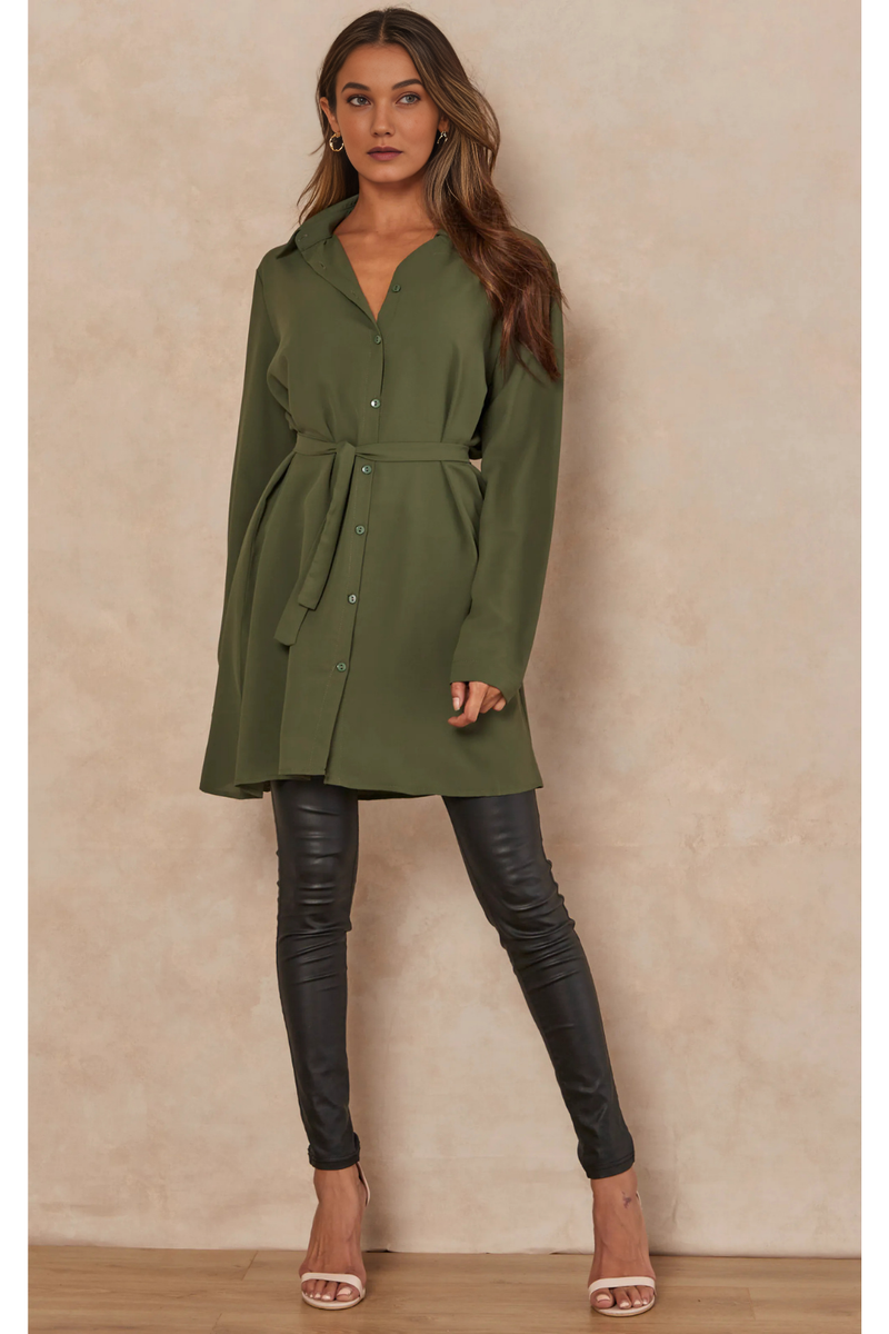 Oversized Tie Detailed Shirt Tunic with Long Sleeves in Khaki