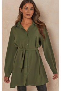 Oversized Tie Detailed Shirt Tunic with Long Sleeves in Khaki