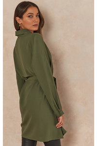 Oversized Tie Detailed Shirt Tunic with Long Sleeves in Khaki