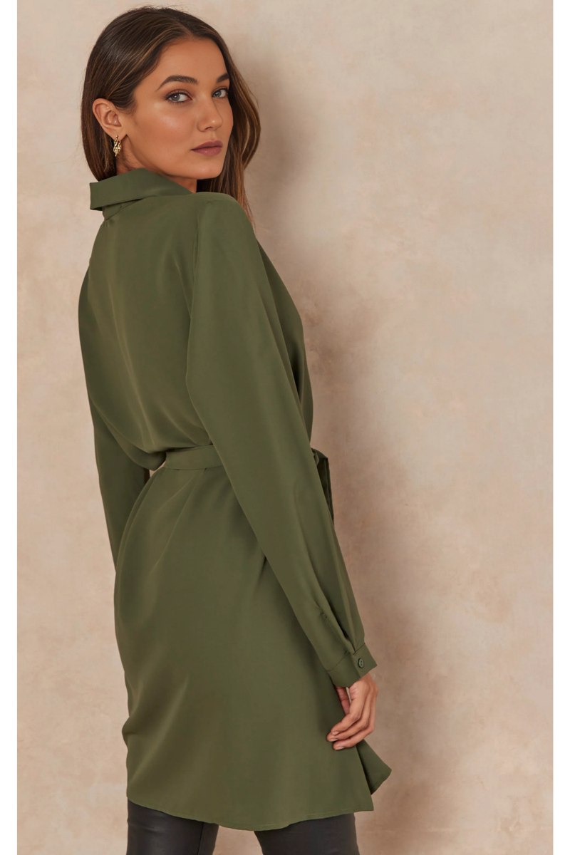 Oversized Tie Detailed Shirt Tunic with Long Sleeves in Khaki