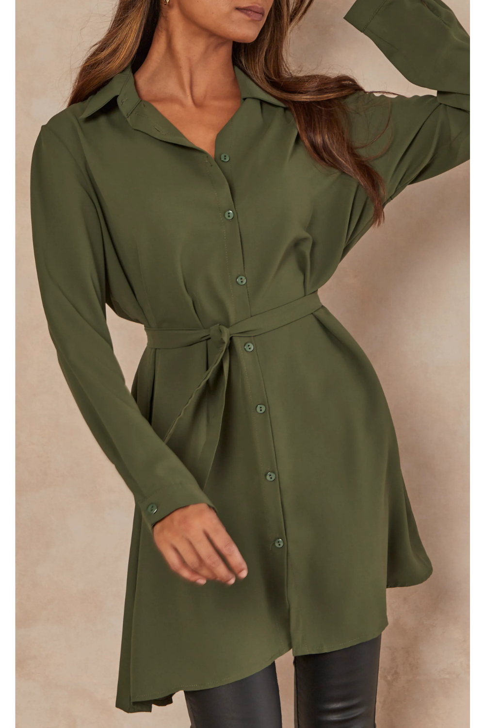 Oversized Tie Detailed Shirt Tunic with Long Sleeves in Khaki
