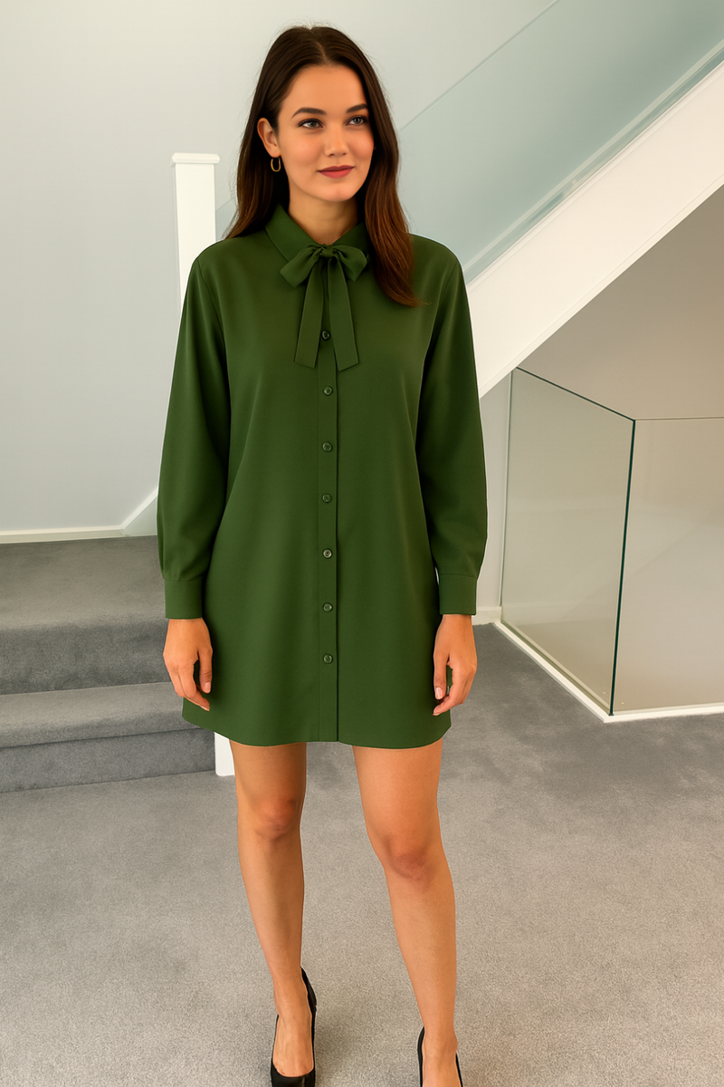Oversized Belt Detailed Tunic Shirt Dress with Long Sleeves in Khaki