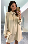 Oversized Tie Detailed Shirt Tunic with Long Sleeves in Beige