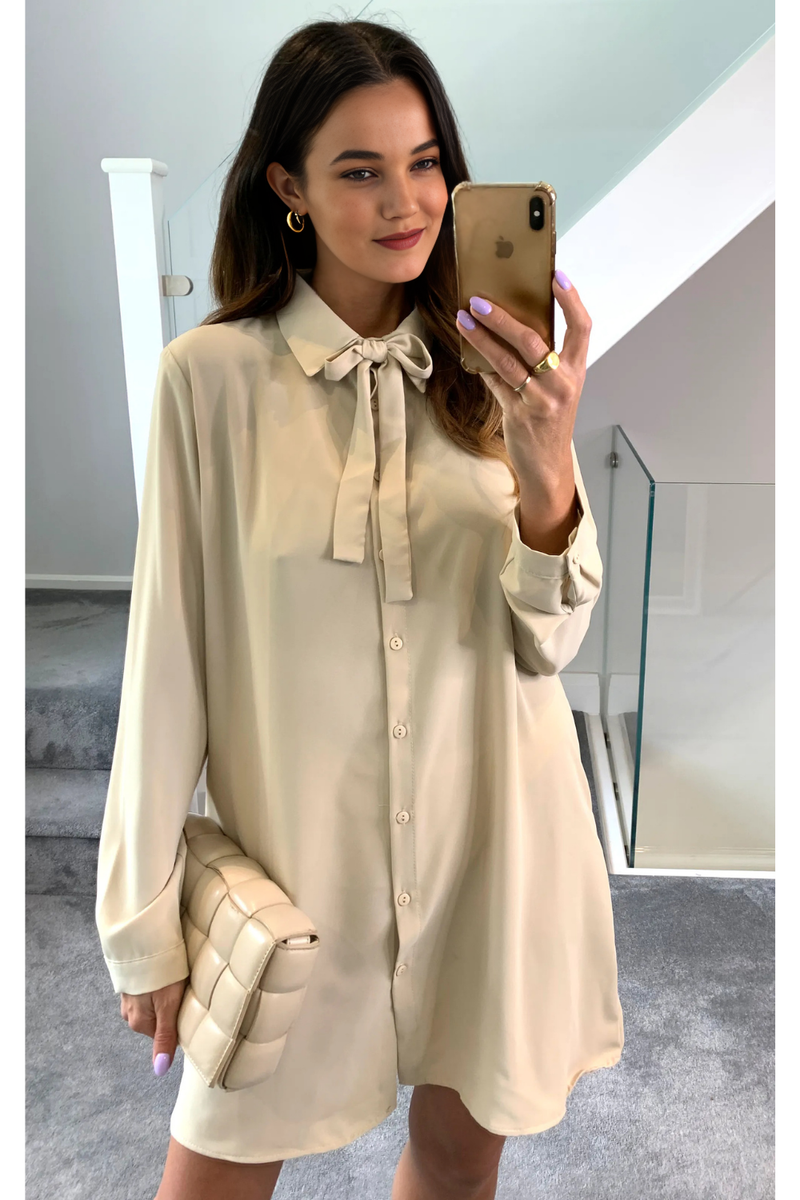 Oversized Tie Detailed Shirt Tunic with Long Sleeves in Beige