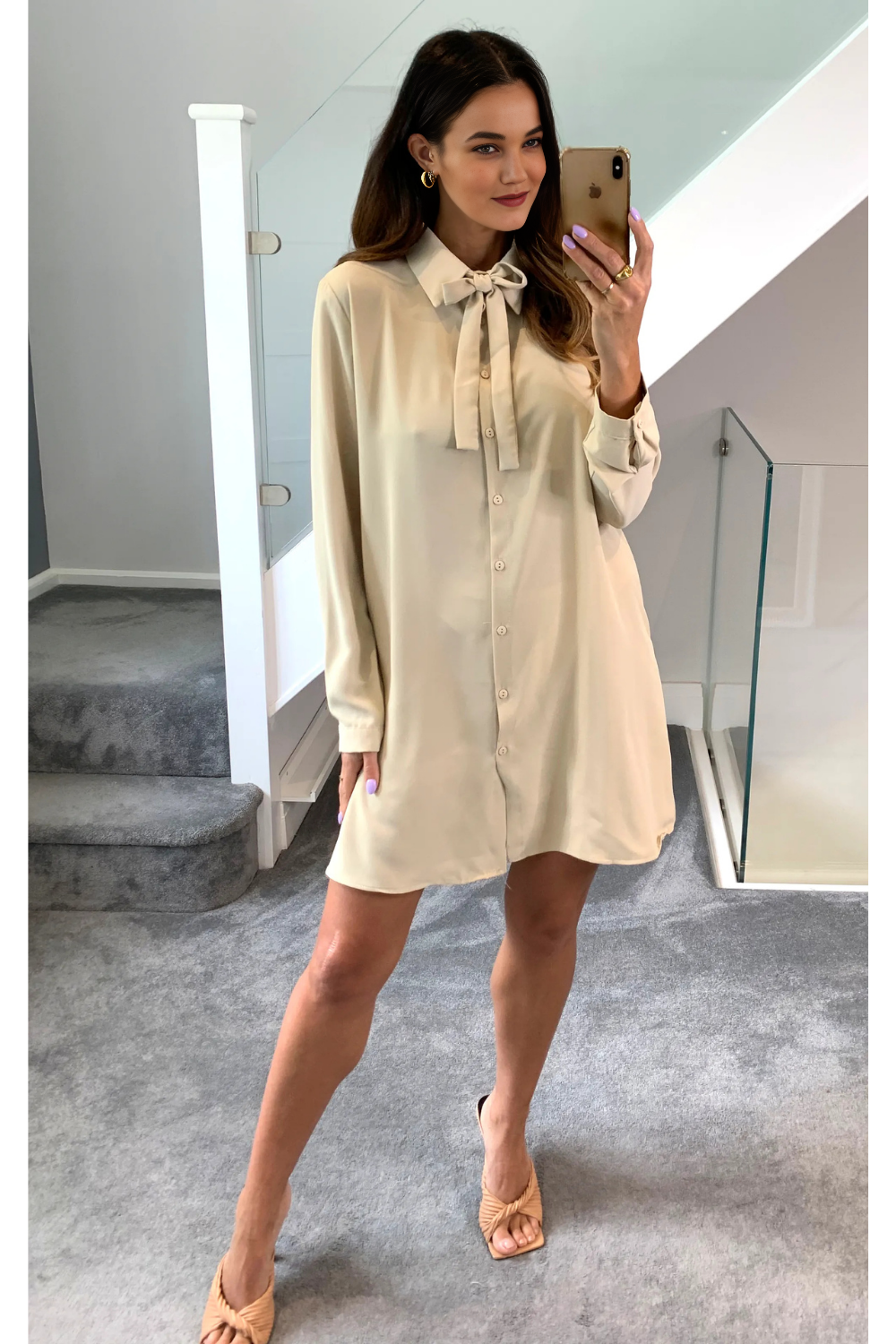 Oversized Tie Detailed Shirt Tunic with Long Sleeves in Beige