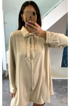 Oversized Tie Detailed Shirt Tunic with Long Sleeves in Beige