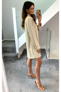 Oversized Tie Detailed Shirt Tunic with Long Sleeves in Beige