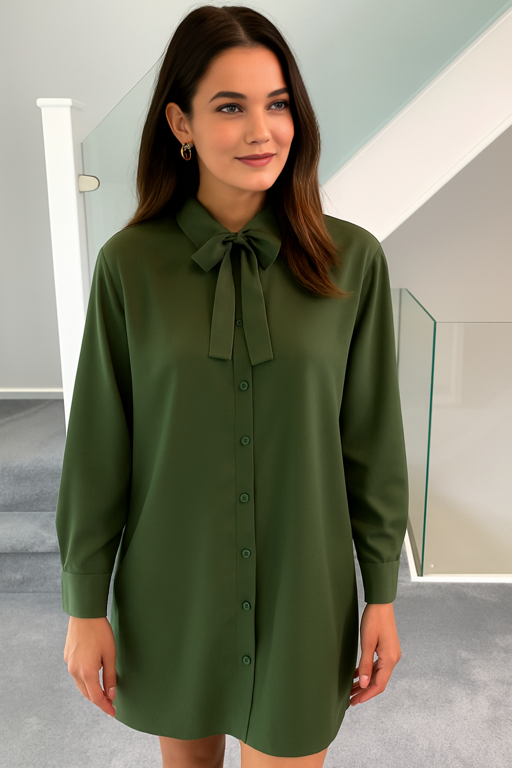 Oversized Belt Detailed Tunic Shirt Dress with Long Sleeves in Khaki